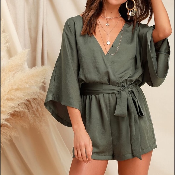 Lulus Pants - NWT Lulu’s Ain’t it Grand Olive Green Romper Tie Waist Half Sleeves Plunge Dress